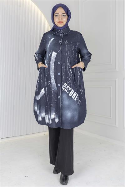 Büyük Beden Desenli Denim Gömlek Kot Mavi OTW9846