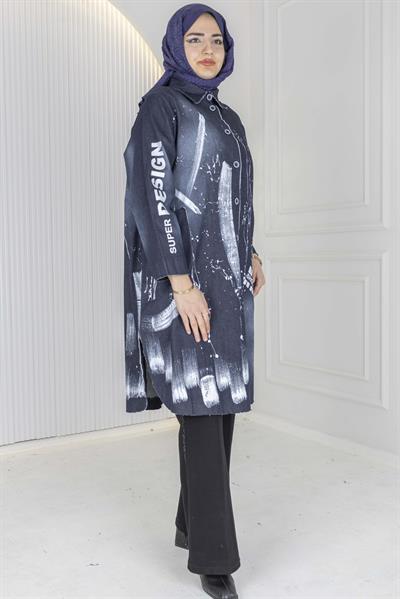 Büyük Beden Desenli Denim Gömlek Kot Mavi OTW9846