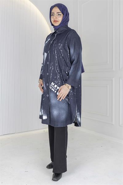 Büyük Beden Desenli Denim Gömlek Kot Mavi OTW9846