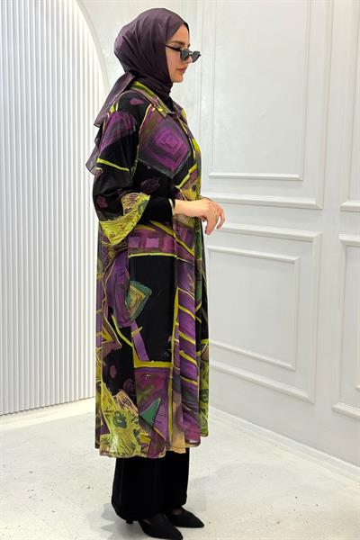 Büyük Beden Desenli Elbise İçlikli İkili Takım Mor OTW4127