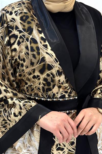 Büyük Beden Desenli Kimono Ceketli Pantolonlu Takım Siyah OTW46813