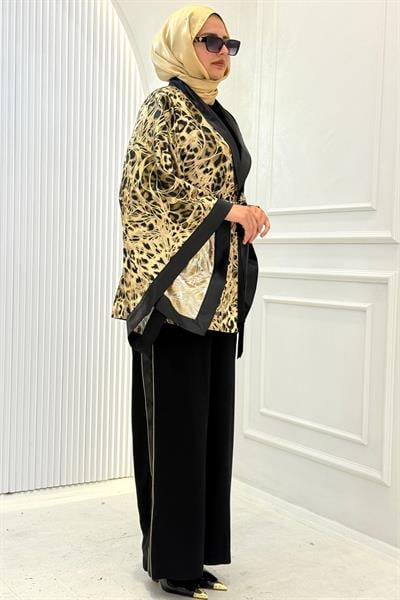 Büyük Beden Desenli Kimono Ceketli Pantolonlu Takım Siyah OTW46813