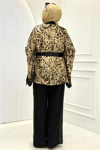 Büyük Beden Desenli Kimono Ceketli Pantolonlu Takım Siyah OTW46813
