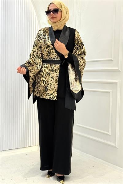 Büyük Beden Desenli Kimono Ceketli Pantolonlu Takım Siyah OTW46813