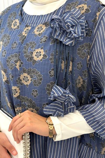 Büyük Beden Desenli Salaş Kesim Pantolonlu Tesettür Takım Desenli OTW4143