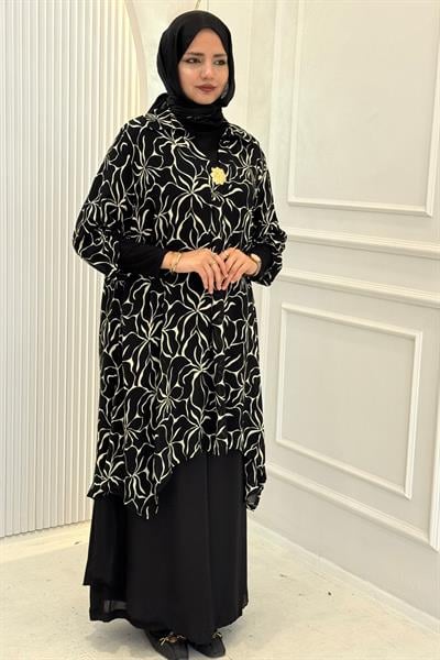 Büyük Beden Desenli Salaş Kesim Pantolonlu Tesettür Takım Desenli OTW4159