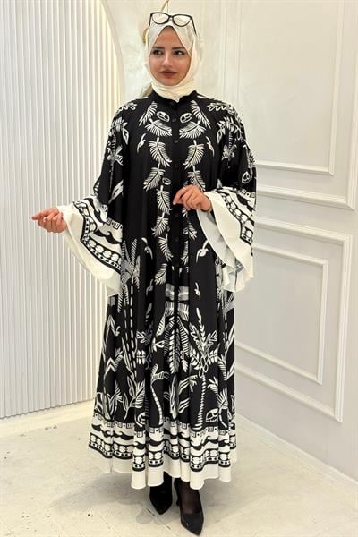 Büyük Beden Desenli Saten Elbise Siyah-Beyaz OTW2613