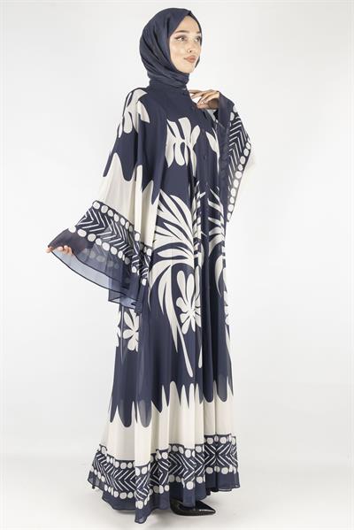 Büyük Beden  Desenli Şifon Elbise Lacivert OTW247