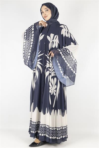 Büyük Beden  Desenli Şifon Elbise Lacivert OTW247