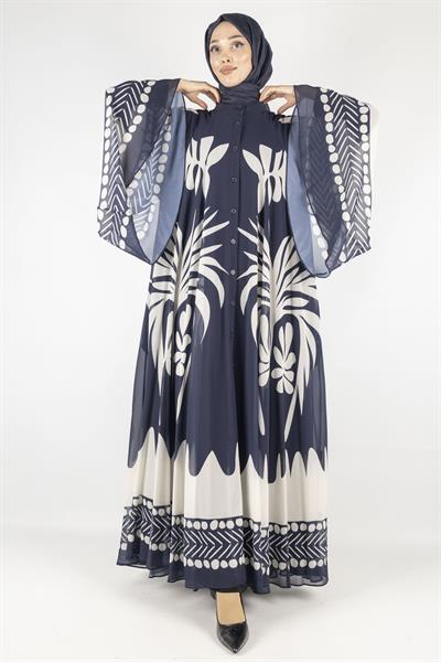 Büyük Beden  Desenli Şifon Elbise Lacivert OTW247