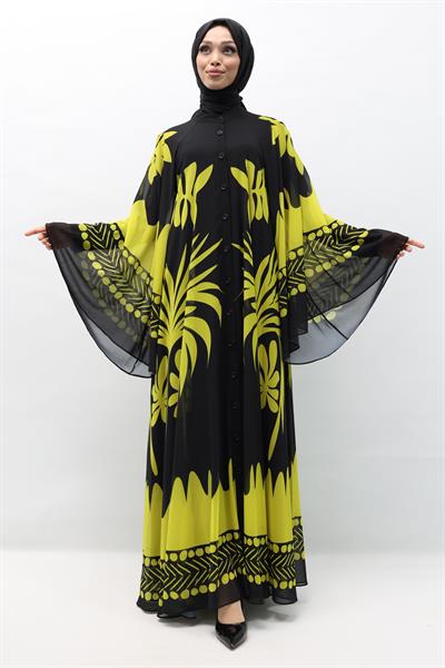 Büyük Beden  Desenli Şifon Elbise Olive OTW247