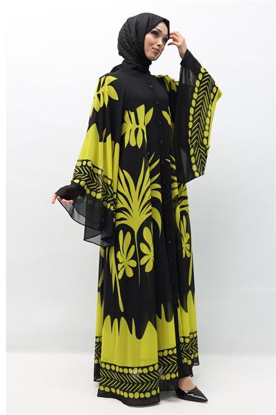 Büyük Beden  Desenli Şifon Elbise Olive OTW247