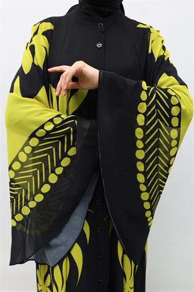 Büyük Beden  Desenli Şifon Elbise Olive OTW247