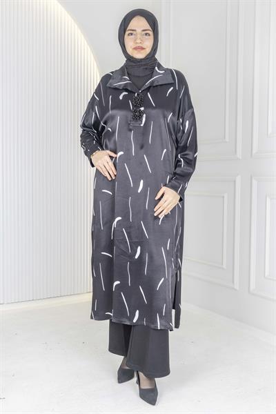 Büyük Beden Desenli Siyah Tunik&Elbise Siyah OTW7810