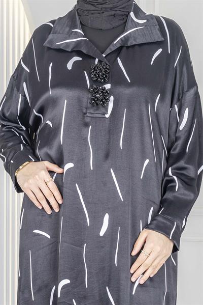 Büyük Beden Desenli Siyah Tunik&Elbise Siyah OTW7810