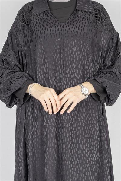 Büyük Beden Desenli Viskon Rayon Elbise Siyah OTW2175