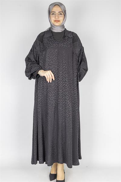Büyük Beden Desenli Viskon Rayon Elbise Siyah OTW2175