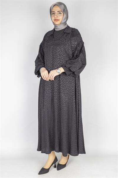 Büyük Beden Desenli Viskon Rayon Elbise Siyah OTW2175