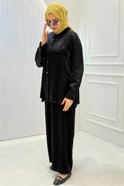 Büyük Beden Dökümlü Saten Gömlek Siyah OTW7403