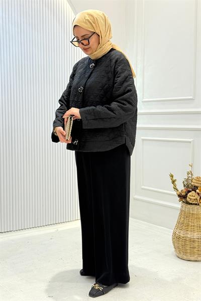 Büyük Beden Düğme Detaylı Kapitone Ceket Siyah OTW9510