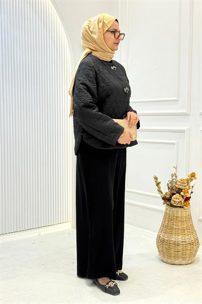 Büyük Beden Düğme Detaylı Kapitone Ceket Siyah OTW9510