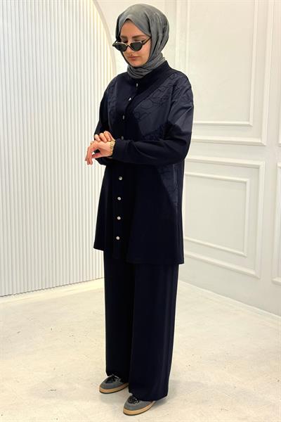 Büyük Beden Düğme Detaylı Pantolonlu Takım Lacivert OTW339