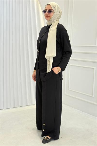 Büyük Beden Düğme Detaylı Pantolonlu Takım Siyah OTW9606