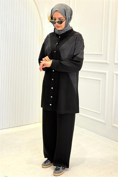 Büyük Beden Düğme Detaylı Pantolonlu Takım Siyah OTW339