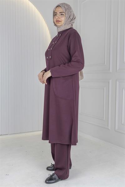 Büyük Beden Düğme Detaylı Tunik Pantolon Takım Bordo OTW325