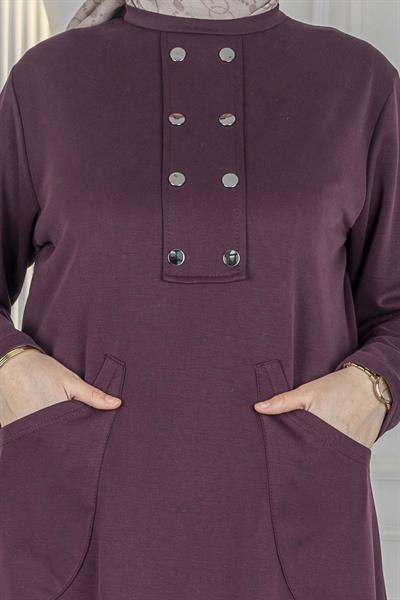 Büyük Beden Düğme Detaylı Tunik Pantolon Takım Bordo OTW325