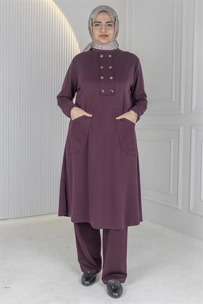 Büyük Beden Düğme Detaylı Tunik Pantolon Takım Bordo OTW325