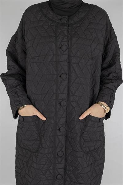 Büyük Beden Düğmeli Kapitone Mont Siyah OTW2051