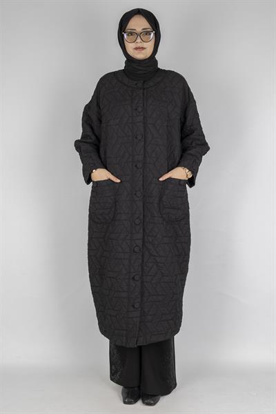 Büyük Beden Düğmeli Kapitone Mont Siyah OTW2051