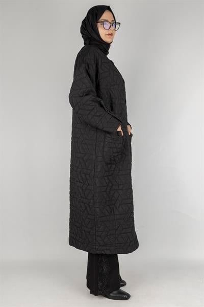 Büyük Beden Düğmeli Kapitone Mont Siyah OTW2051