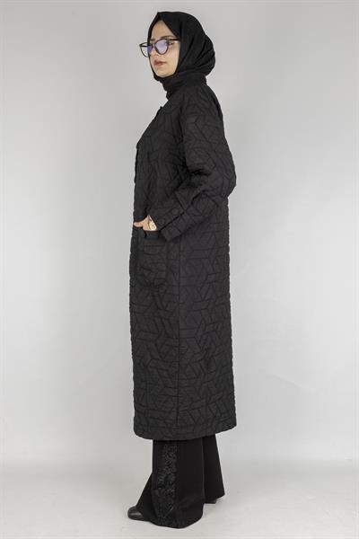 Büyük Beden Düğmeli Kapitone Mont Siyah OTW2051