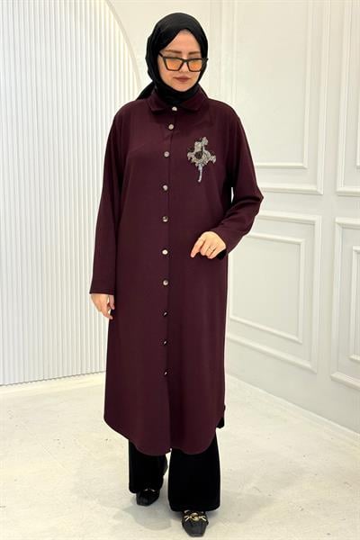 Büyük Beden Düğmeli Nakış Detaylı Tesettür Kap Bordo OTW329