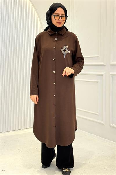 Büyük Beden Düğmeli Nakış Detaylı Tesettür Kap Kahve OTW329
