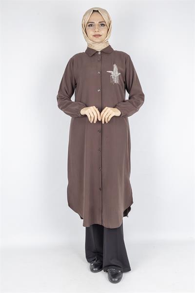 Büyük Beden Düğmeli Taş İşlemeli Tunik Kahve OTW319