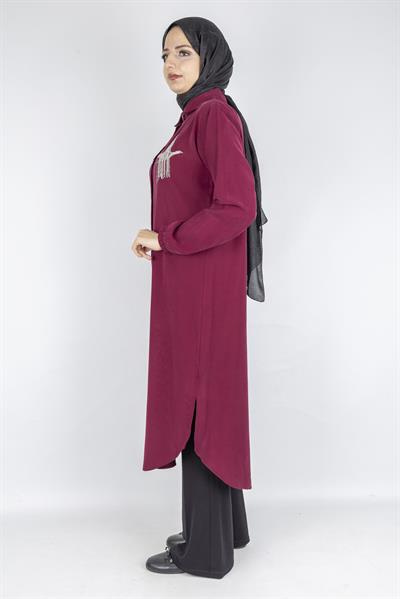 Büyük Beden Düğmeli Taş İşlemeli Tunik Bordo OTW319