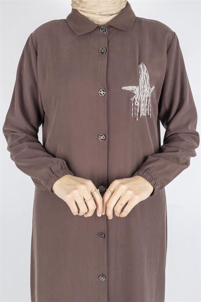 Büyük Beden Düğmeli Taş İşlemeli Tunik Kahve OTW319