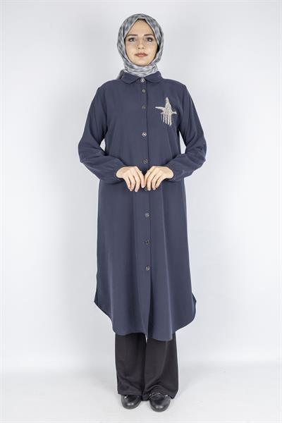 Büyük Beden Düğmeli Taş İşlemeli Tunik Lacivert OTW319
