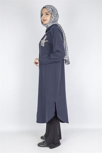 Büyük Beden Düğmeli Taş İşlemeli Tunik Lacivert OTW319