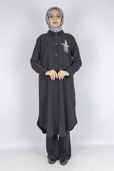 Büyük Beden Düğmeli Taş İşlemeli Tunik Siyah OTW319