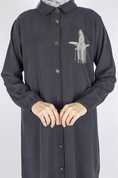 Büyük Beden Düğmeli Taş İşlemeli Tunik Siyah OTW319