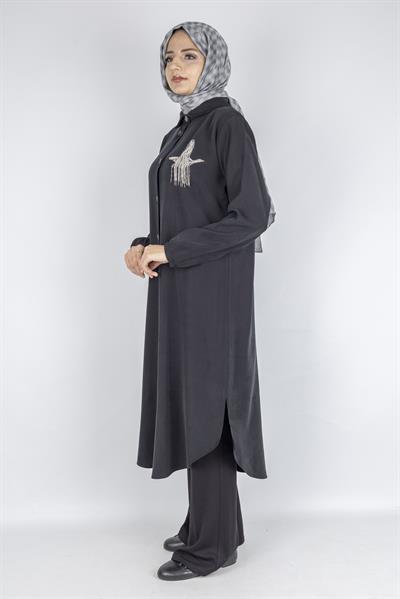 Büyük Beden Düğmeli Taş İşlemeli Tunik Siyah OTW319