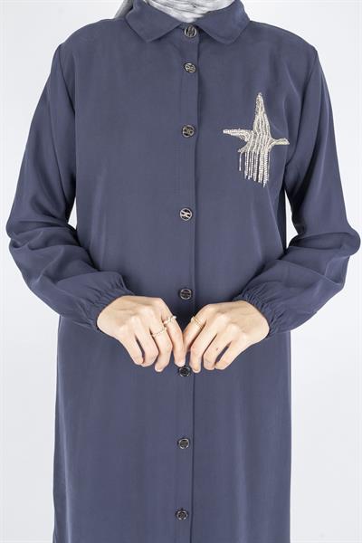 Büyük Beden Düğmeli Taş İşlemeli Tunik Lacivert OTW319