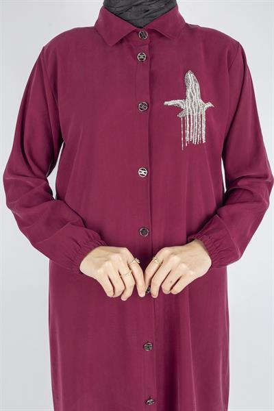 Büyük Beden Düğmeli Taş İşlemeli Tunik Bordo OTW319