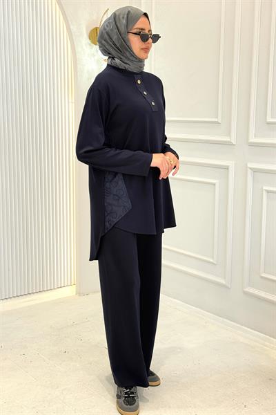 Büyük Beden Düğmeli Tunik Pantolon Tesettür Takım Lacivert OTW336