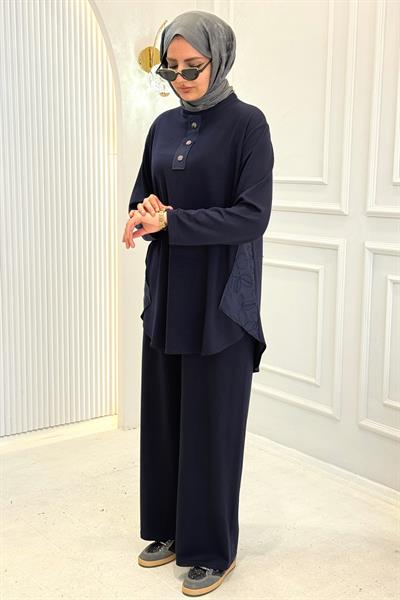 Büyük Beden Düğmeli Tunik Pantolon Tesettür Takım Lacivert OTW336