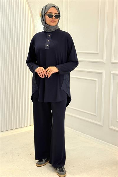 Büyük Beden Düğmeli Tunik Pantolon Tesettür Takım Lacivert OTW336